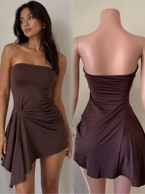 Strapless Asymmetric Brown Mini Dress